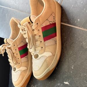 Gucci Screener Sneakers with Green and Pink Web Stripe